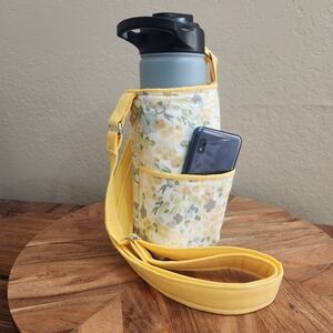 Yellow Floral Crossbody Bottle Carrier with Phone Pocket